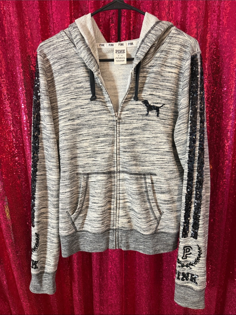 PINK Victoria's Secret Gray Marled Zip-Up Hoodie with Sequin Sleeve Stripes
